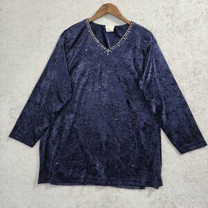 Vintage Bentley Womens Large Navy Blue Velvet Studde  V-Neck Long Sleeve Top JPT